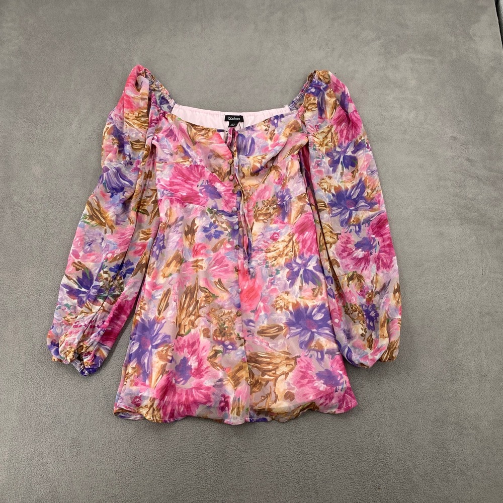 Boohoo Pink Floral Long Sleeve Mini Dress Square Neck Button Front Size 6